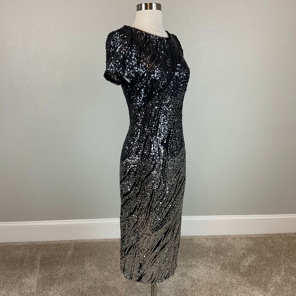 Betsy & Adam Black and Silver Cocktail Dress Sequin Sparkly Midi Sheath Size 10 - Picture 3 of 10
